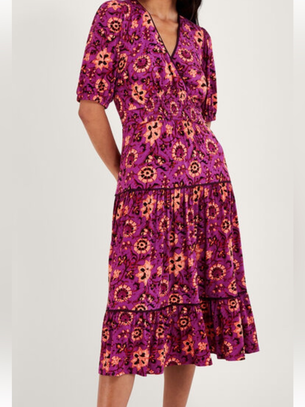 Monsoon Purple Floral Midi Dress Smocked Waist Boho Romantic Size 10